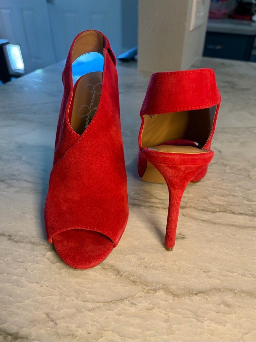 Jessica Simpson Red Suede Open-Toe Stiletto Sandals - Picture 2 of 6